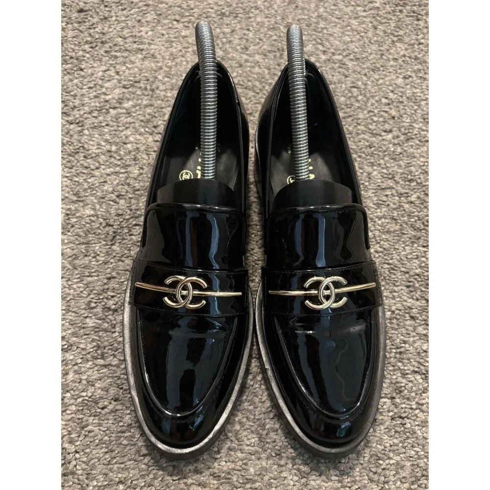 Chanel Shoes Loafers Flats CC Logo Black Size 37 US 7